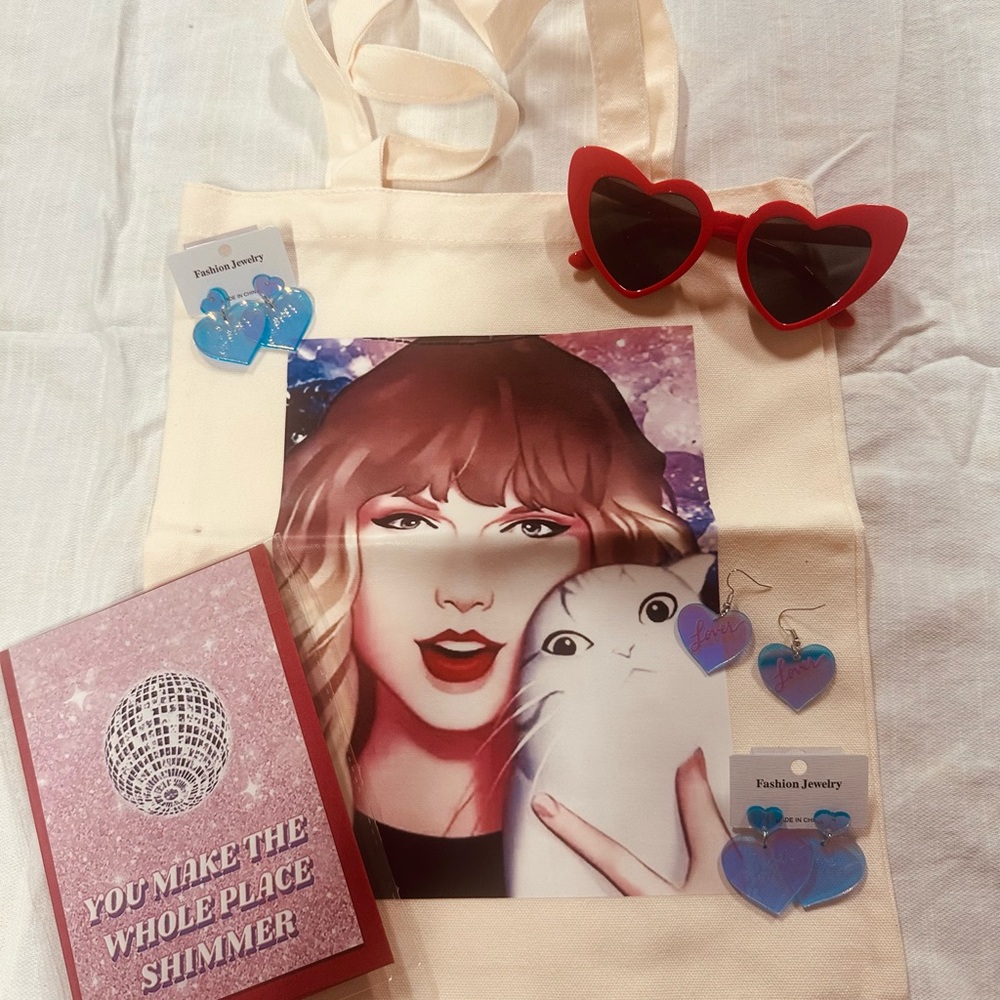 Taylor Swift Gift bag birthday tote. Lover earrings. Birthday card/pillow case